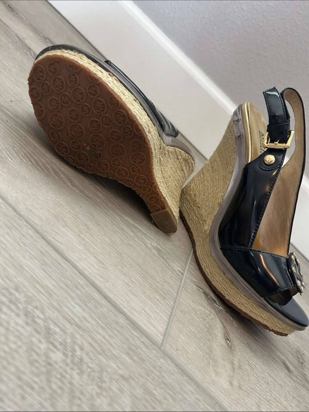 Women’s Black Patent Wedge Sandals with Jute Espadrille Heel